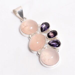 Handmade 925 Sterling Silver Rose Quartz With Amethyst Pendant